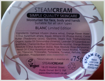 steam cream ingredients