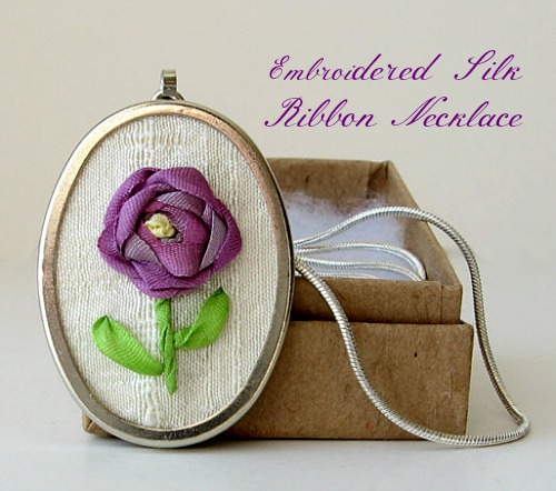 embroidered silk ribbon necklace-pendant