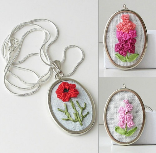 embroidered silk ribbon necklace pendants
