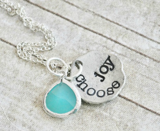 CHOOSE JOY - Hand Stamped Pewter Necklace with Aqua Stone