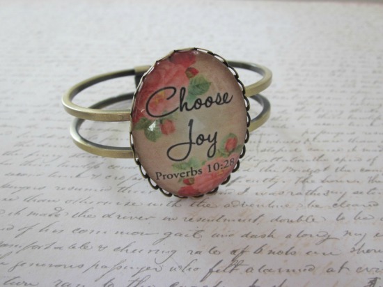 Choose Joy Proverbs 10:28 Vintage Rose Glass Lace Hinge Bracelet Antique Brass